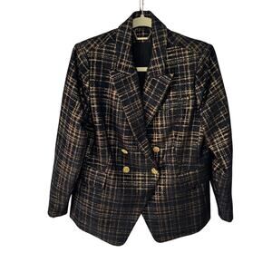 Elie Tahari Navy Black Gold Plaid Tweed Double Breasted Blazer 14 Retro Glam